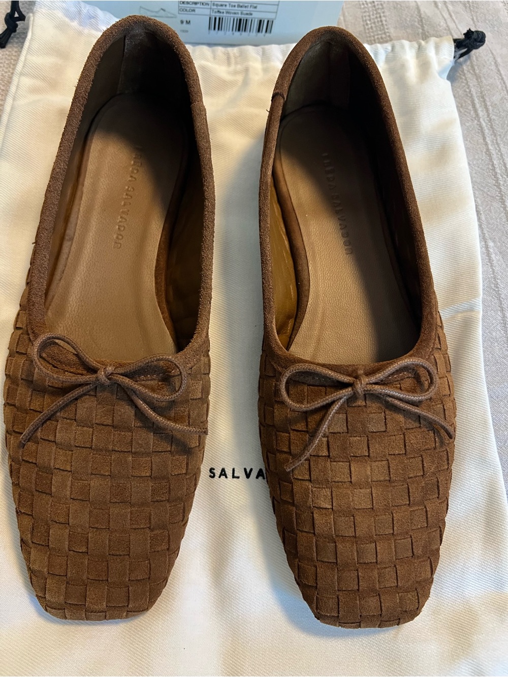 Freda Salvador: Jada Square Toe Ballet Flat - Toffee Woven Suede, size 9 - Picture 9 of 12